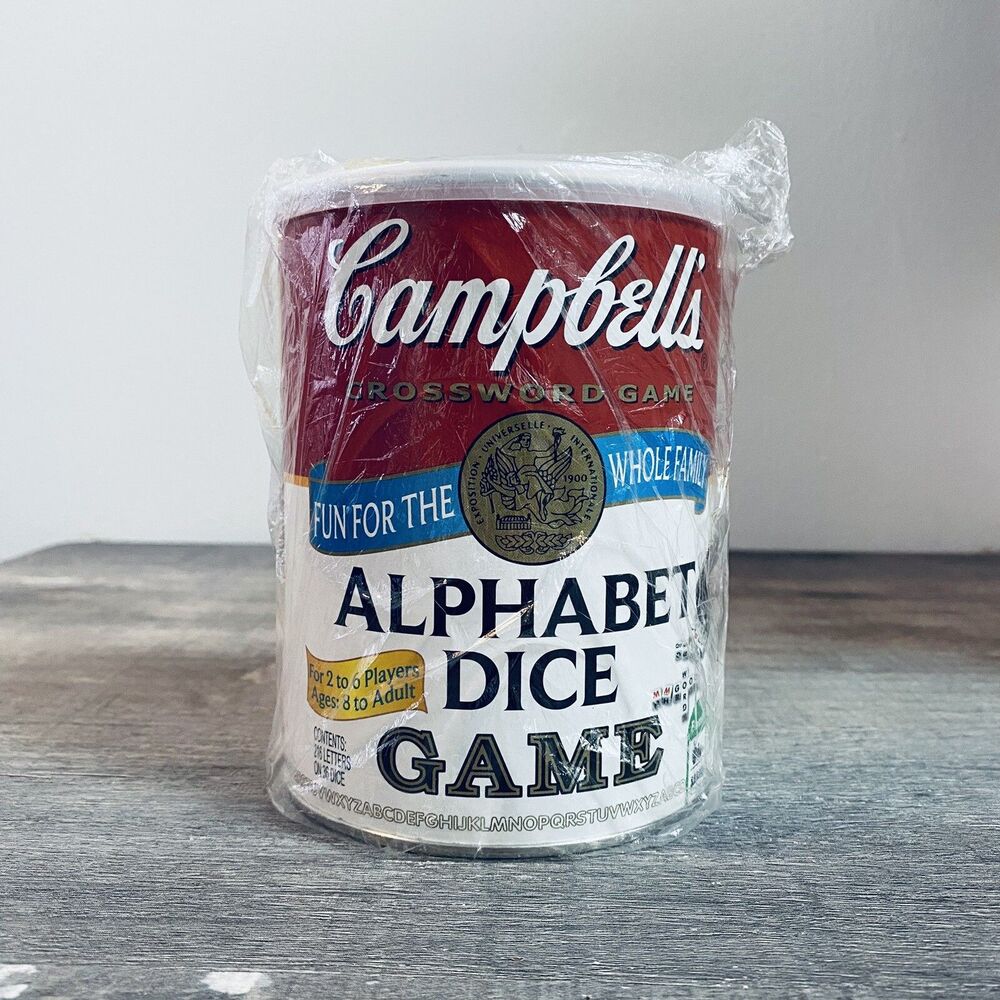 New Sealed Campbell's Soup Alphabet Dice Crossword Game in Soup Can Licensed